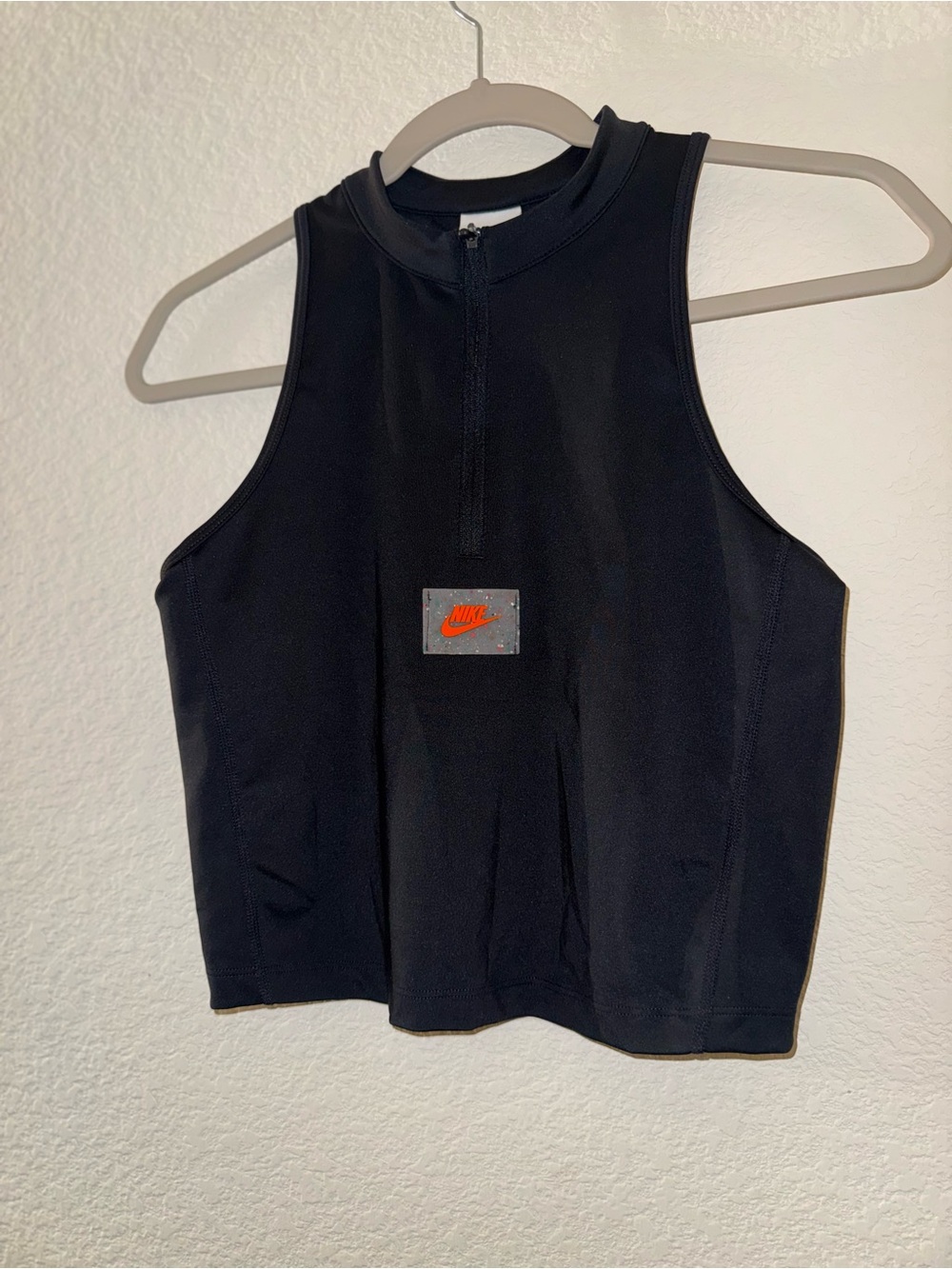 Nike Black Sleeveless Zip Crop Top with Orange Logo Patch